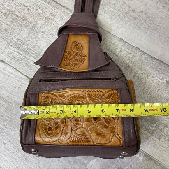 Tooled Leather Backpack Boho Western Mini Bag Purse Satchel VTG Purple Tan - Picture 5 of 9